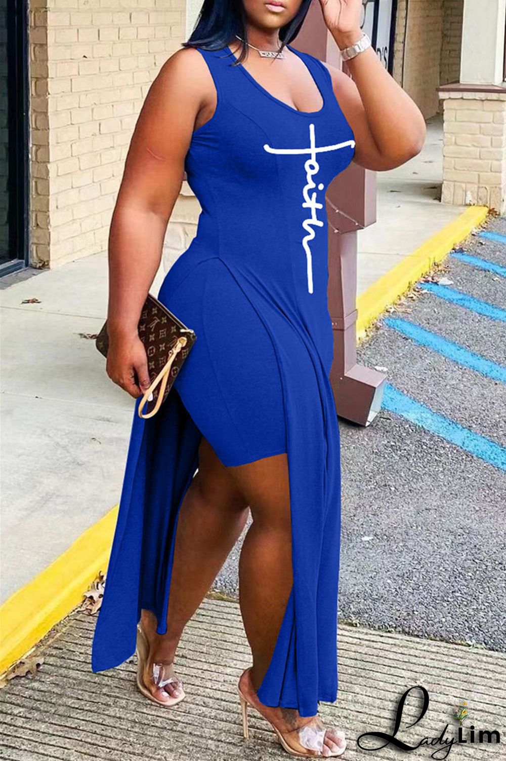 Grey Fashion Sexy Print Slit Vests U Neck Sleeveless Two Pieces