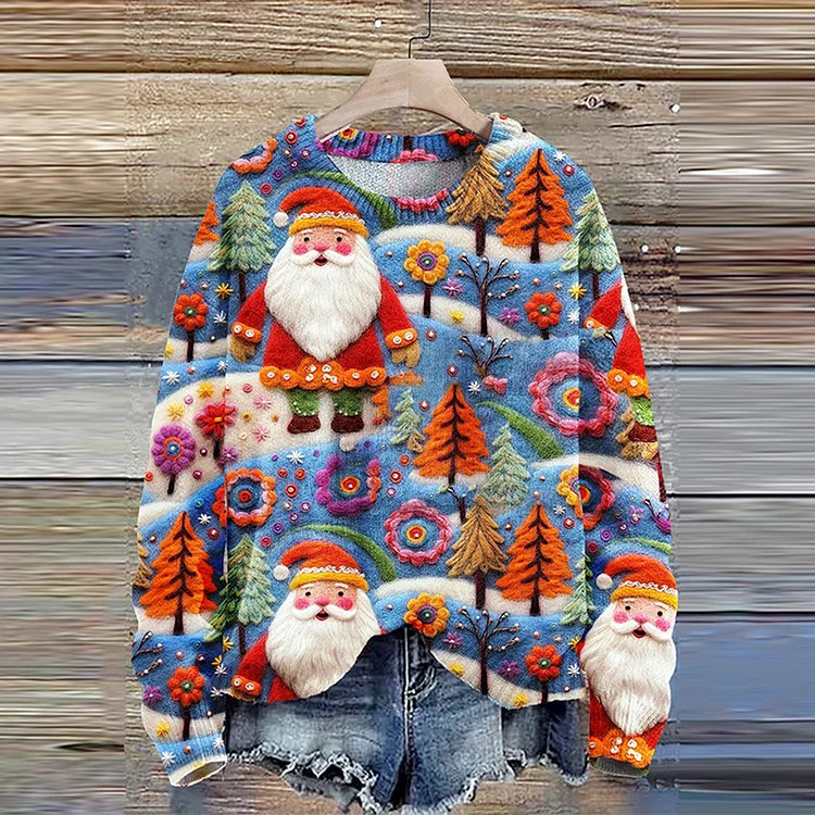 Comstylish Christmas Santa Seamless Pattern Knit Pullover Sweater