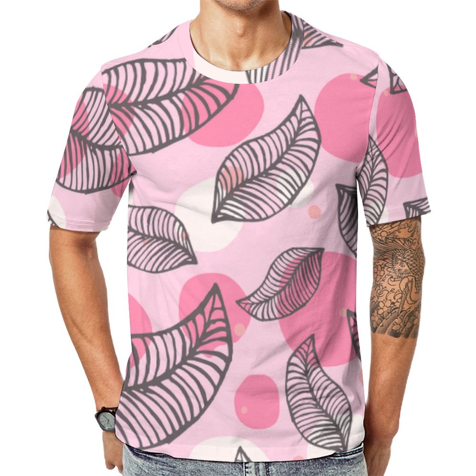 Elegant Pink Circle Leaves Geometry Short Sleeve Print Unisex Tshirt Summer Casual Tees for Men and Women Coolcoshirts