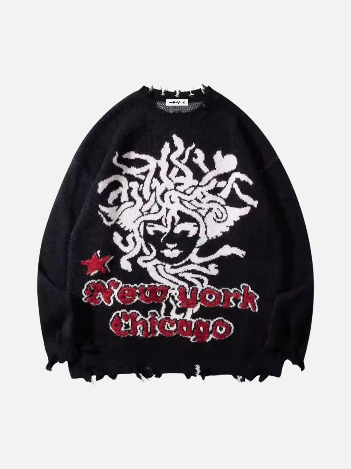 Black Graffiti Letter Distressed Jacquard Unisex Sweater Front
