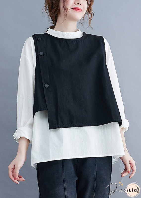 Style Black O-Neck Button Asymmetrical Vest White Shirt Two Piece Set Spring