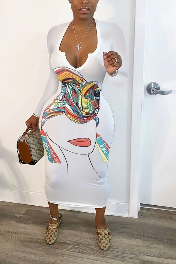 White Sweet Polyester Print V Neck Long Sleeve Knee Length Dresses