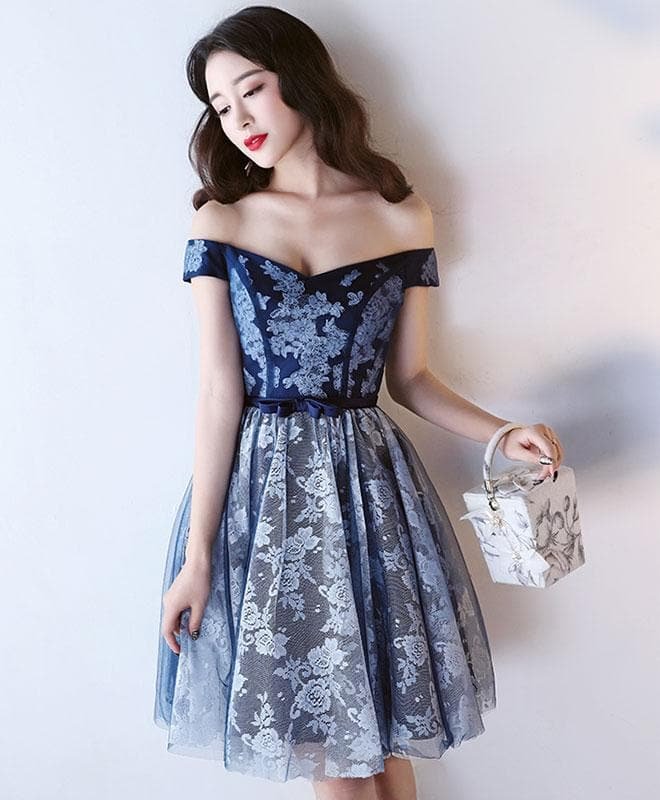 Dark Blue Lace Short Prom Dress