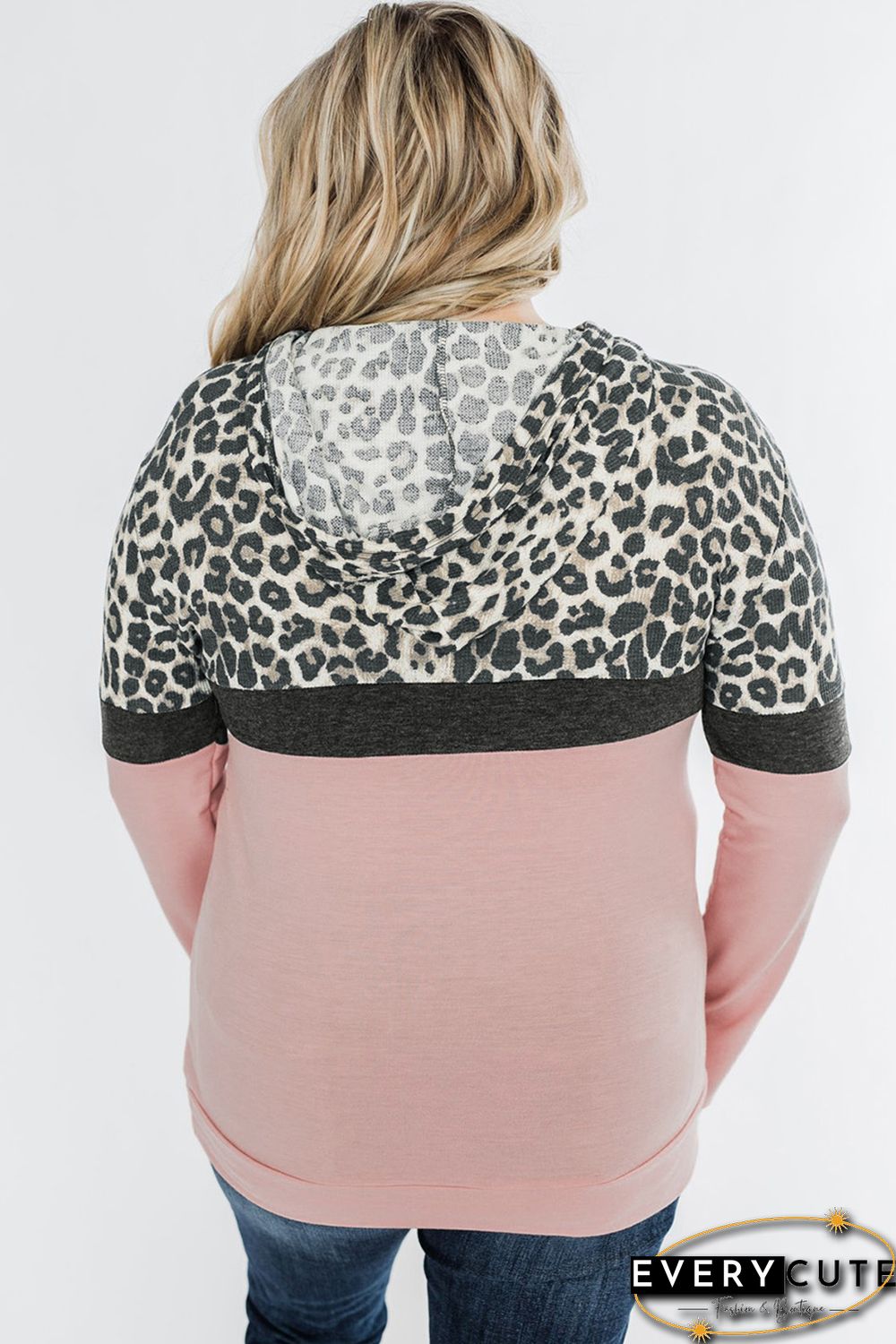 Pink Leopard Patchwork Drawstring Plus Size Hoodie With Pocket