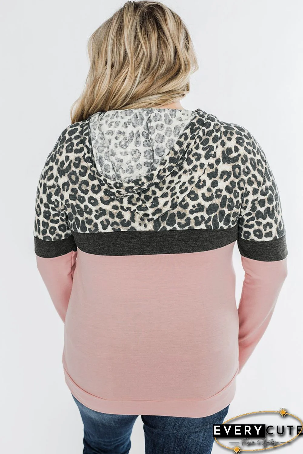 Pink Leopard Patchwork Drawstring Plus Size Hoodie With Pocket