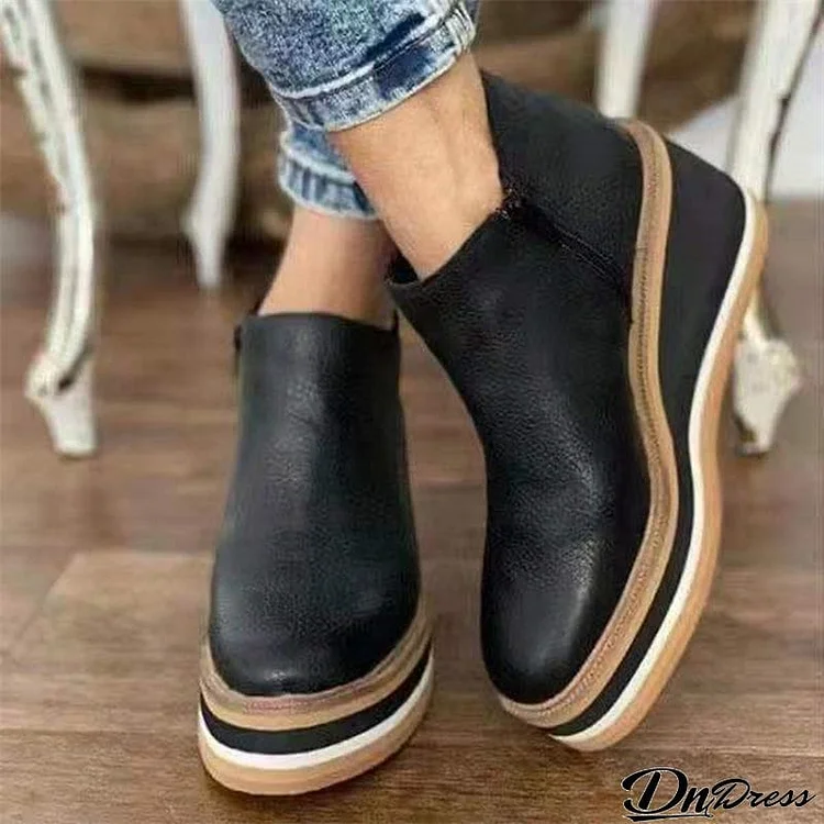 Simple Side Zipper Casual Fashion Wedge Heel Grain Leather Ankle Boots