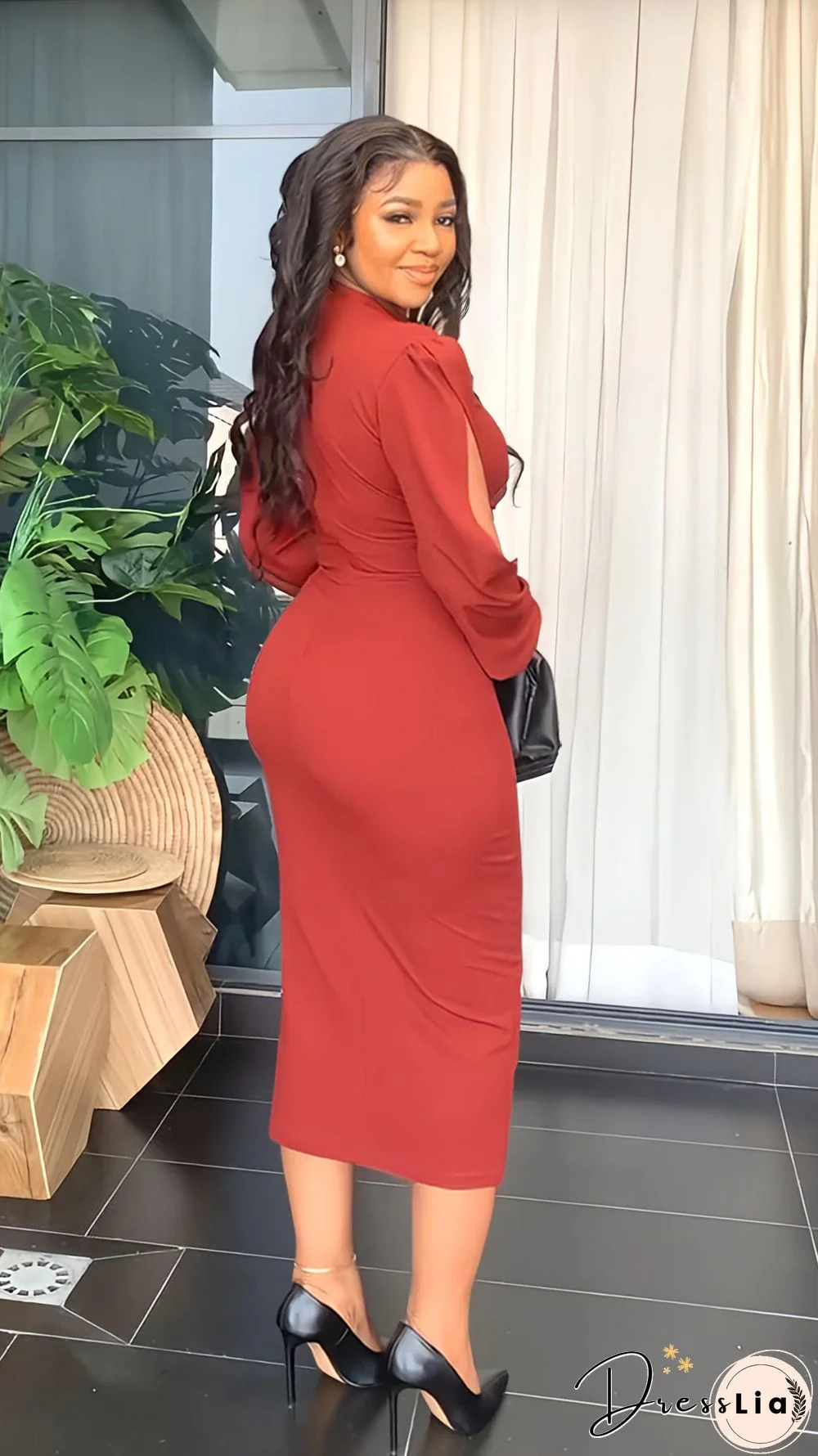 Elegant Solid Lantern Sleeve Maxi Pencil Dress