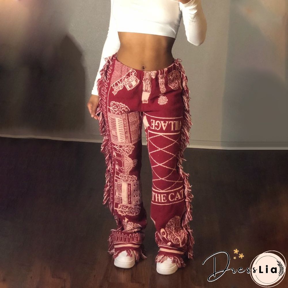 Side Tassels Patchwork Elastic Waist Women Print Jogger Pant