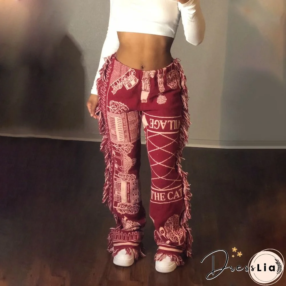 Side Tassels Patchwork Elastic Waist Women Print Jogger Pant