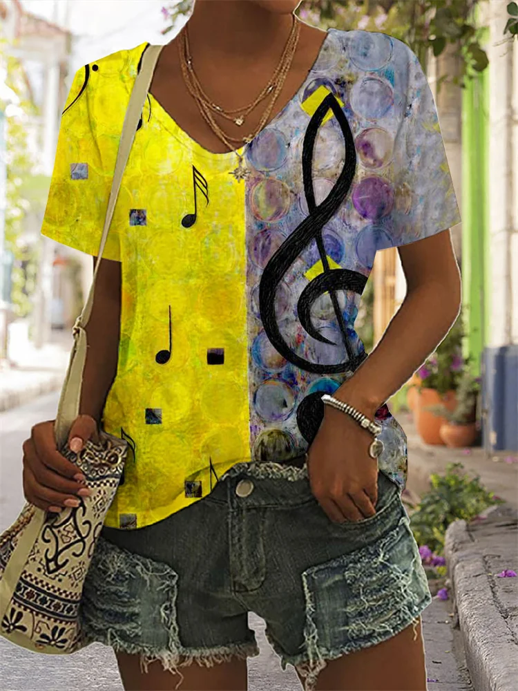 Music Notes Inspired Painting Art V Neck T Shirt