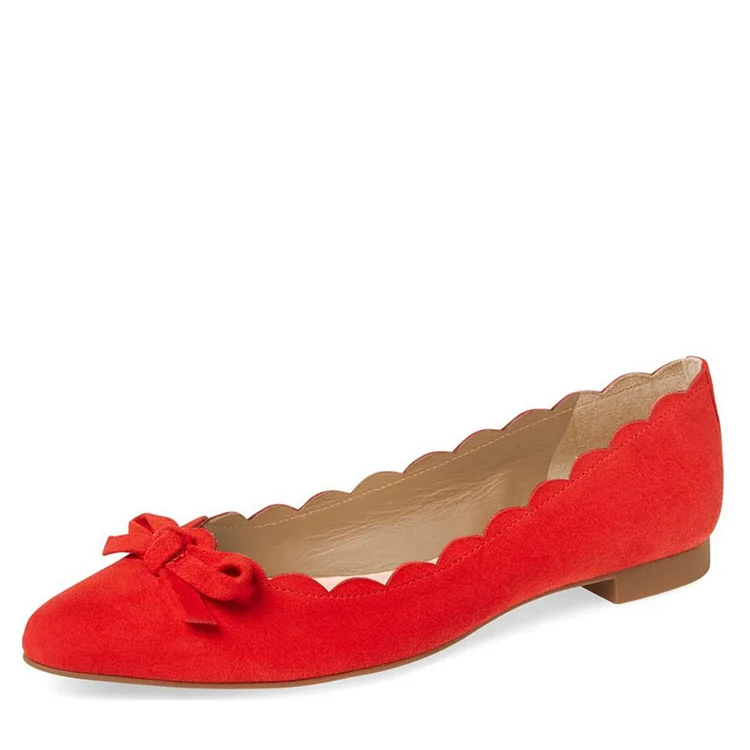 Red Vegan Suede Curvy Bow Comfortable Flats |FSJ Shoes