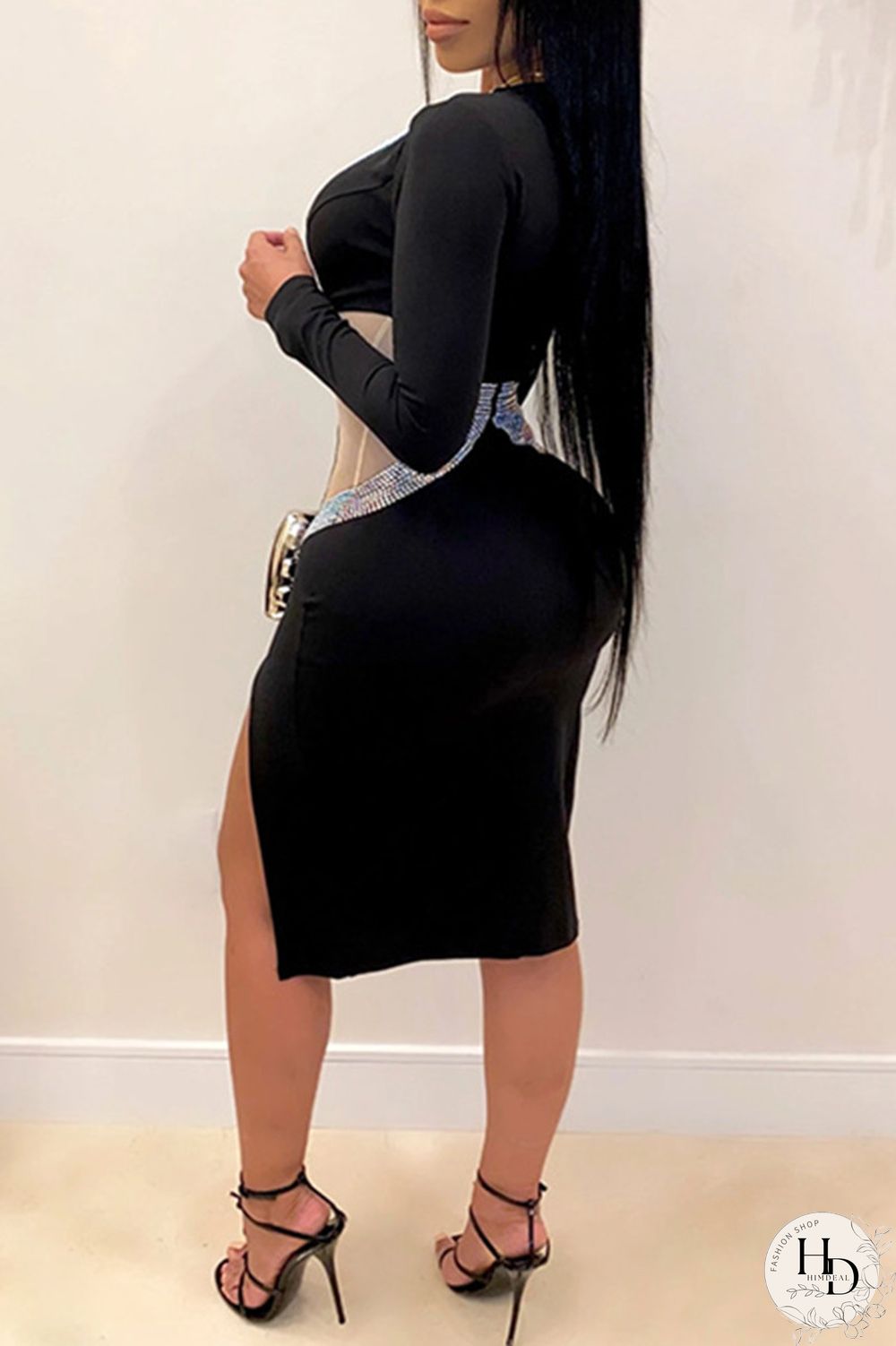 Black Fashion Sexy Patchwork Slit Hot Drill V Neck Long Sleeve Dresses