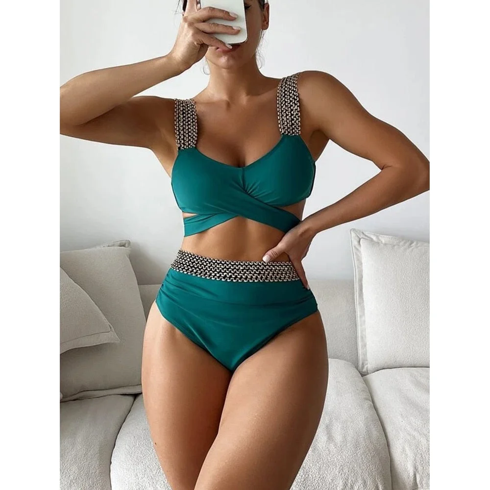 2022 New Women Two Piece Cross Wrap Bathing Suit Tie Back High Waist Tummy Control Swimsuit Curvy Bikini Set Swimwear biquini