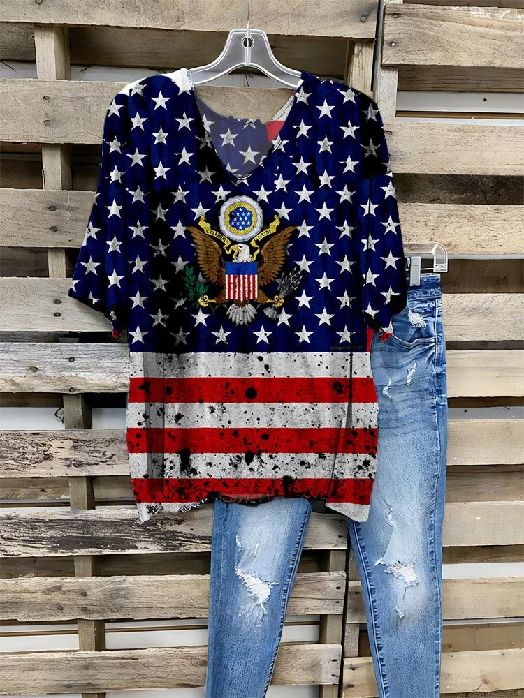 Women's New Flag Printing V-neck Half-sleeve T-shirt