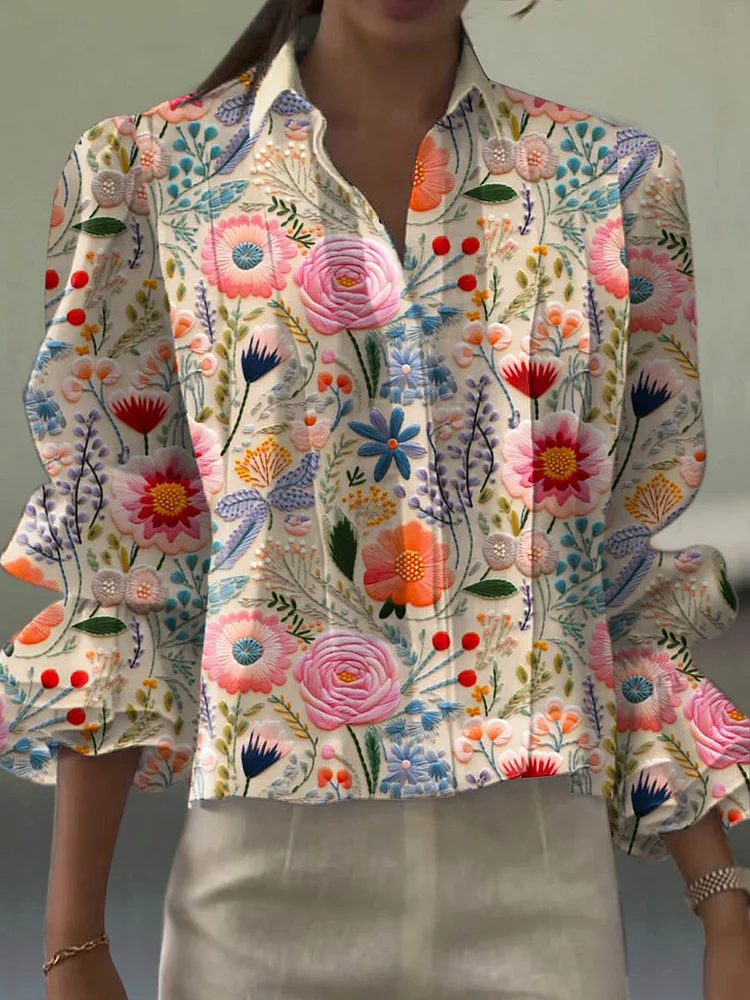 Women's Vintage Floral Art Print Casual Long Sleeve Cotton And Linen Shirt