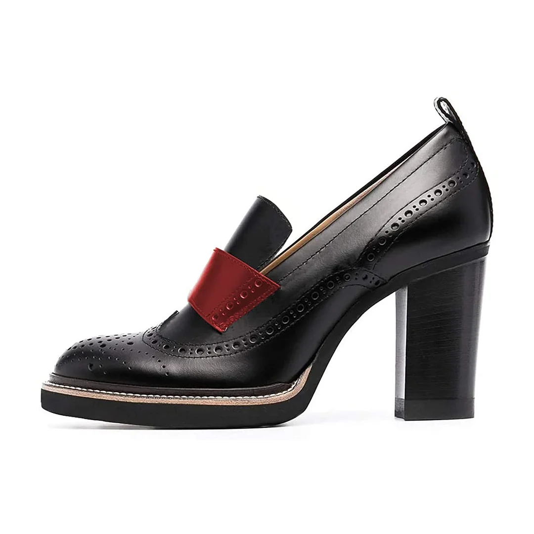 Black Brogue Style Round Toe Women's Loafers with Chunky Heels
