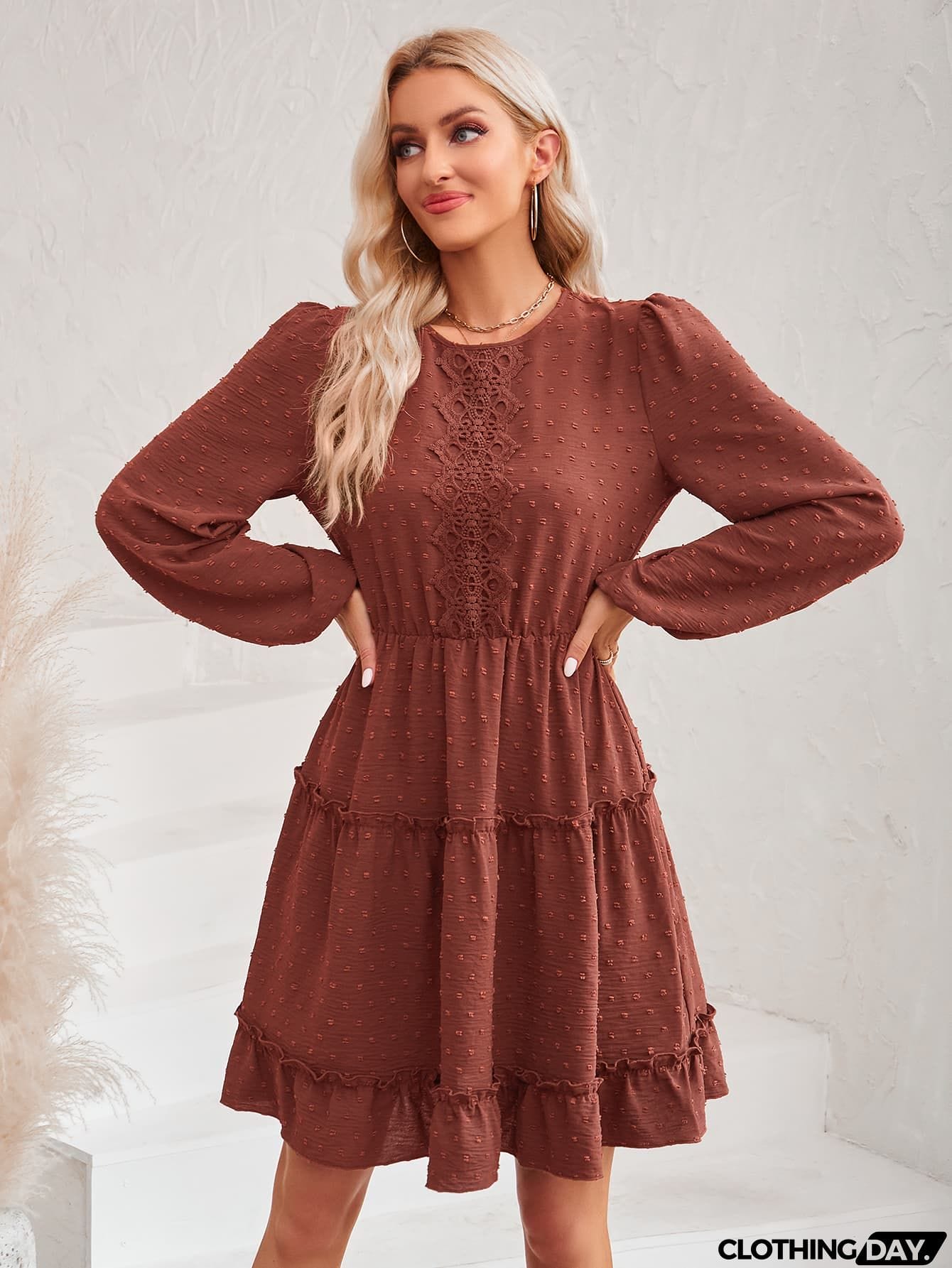Swiss Dot Lace Trim Balloon Sleeve Dress