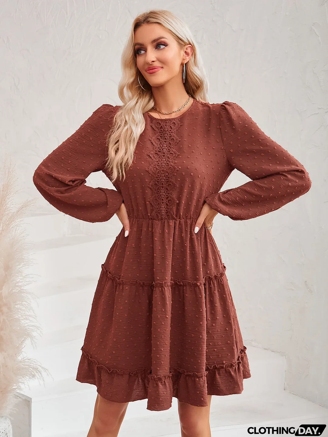 Swiss Dot Lace Trim Balloon Sleeve Dress