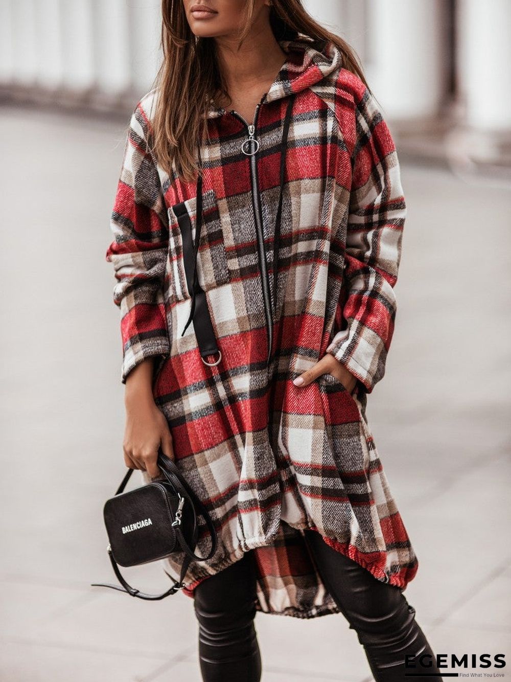Casual Plaid Zip Long Sleeve Hooded Outerwear | EGEMISS