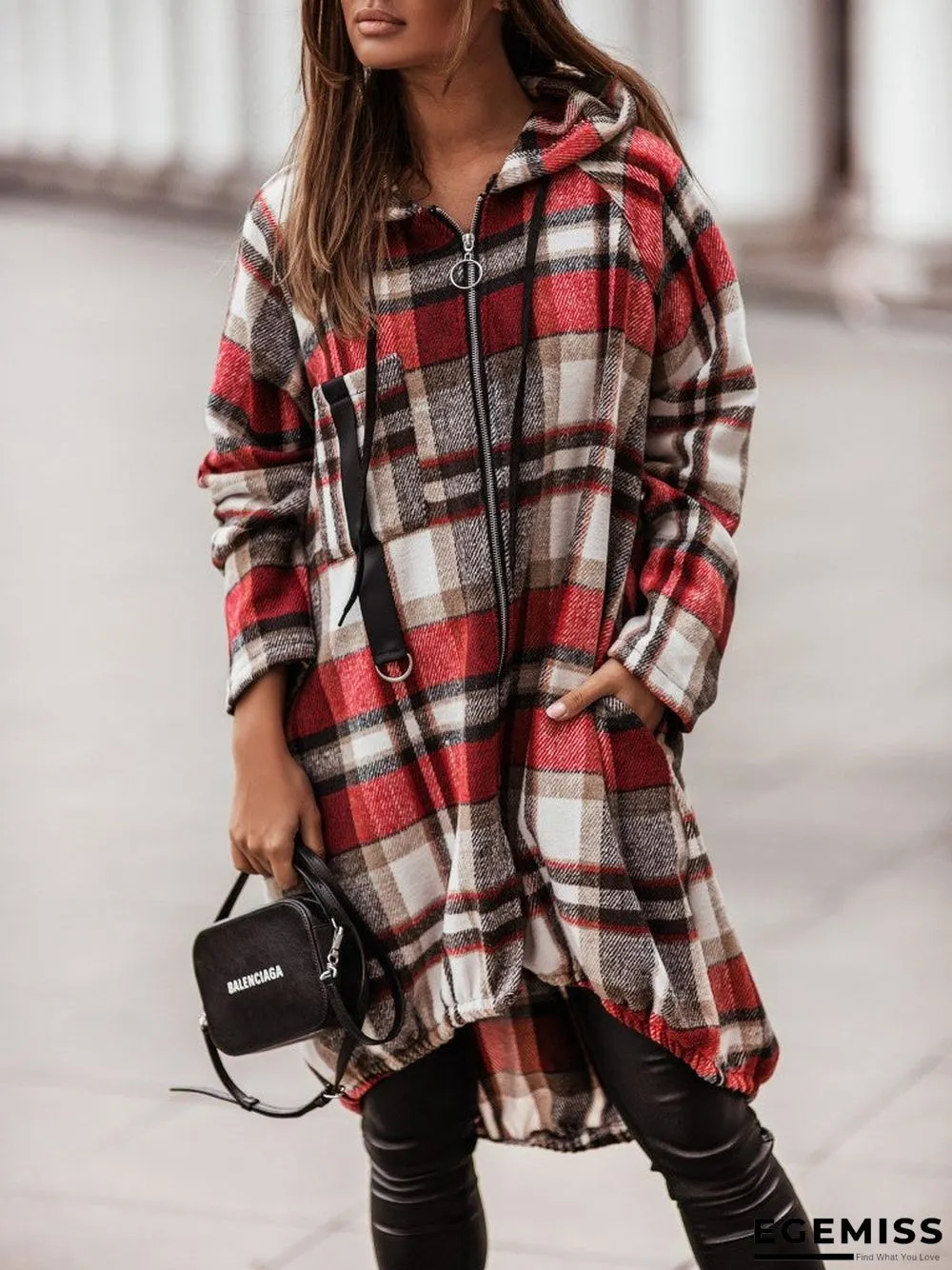 Casual Plaid Zip Long Sleeve Hooded Outerwear | EGEMISS