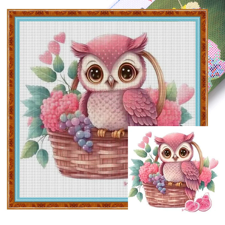Pink Owl On Flower Basket 11CT Stamped Cross Stitch 50*50CM