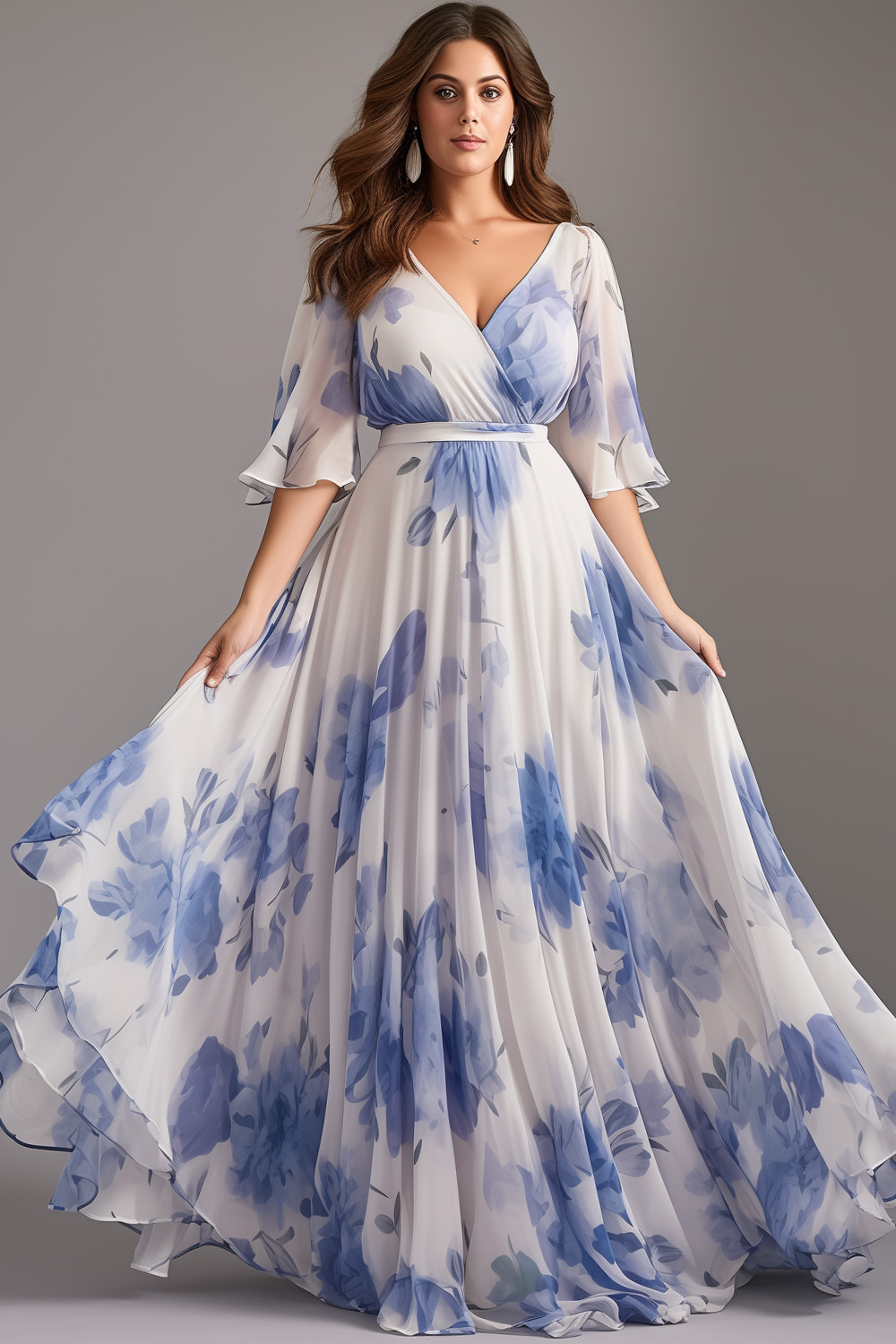 Flycurvy Plus Size Wedding Guest Blue Chiffon Wrap Floral Print Flutter Sleeve Maxi Dress 2024 - Flycurvy 