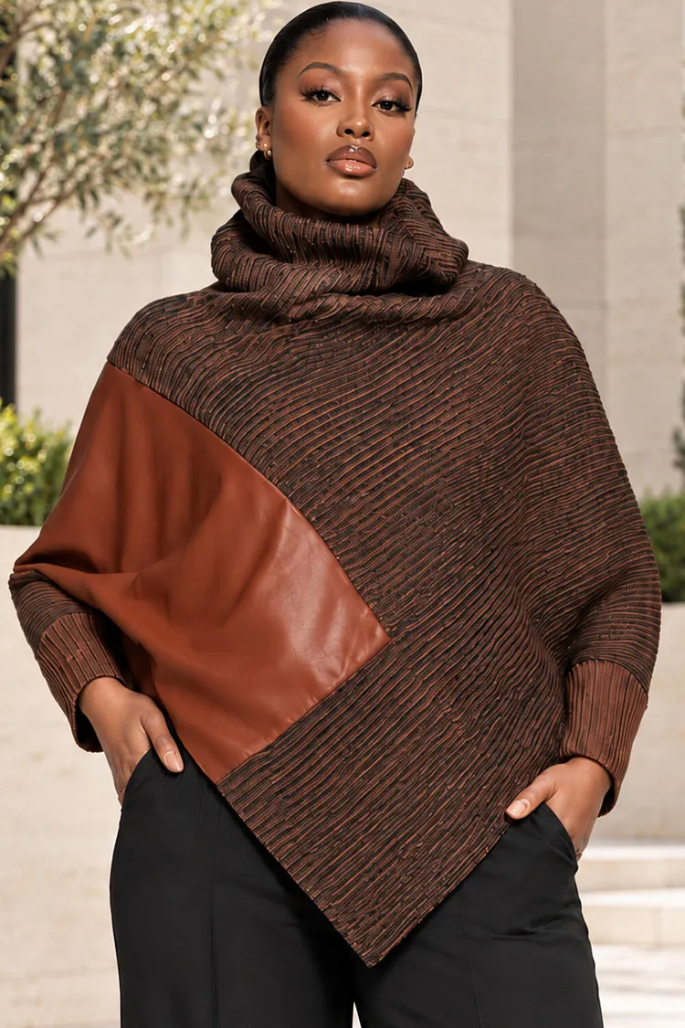 Xpluswear Design Plus Size Business Casual PU Leather Brown Colorblock High Collar Long Sleeve Contrast Crochet Sweaters [Pre-Order] 2024 - Xpluswear