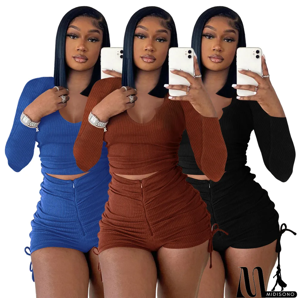 MidiSono - Women Spring Casual U Neck Long Sleeve Top+Pleated Shorts Two Piece