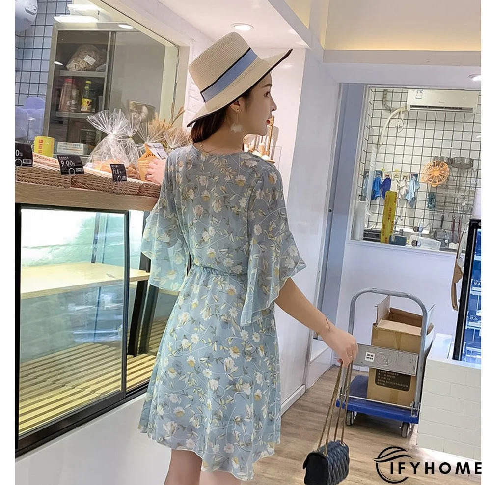 Spring Summer Chiffon Women V-Neck Floral Print Short Dresses Sweet Ruffle Sleeeve Slim Drawstring Ladies Dress | IFYHOME
