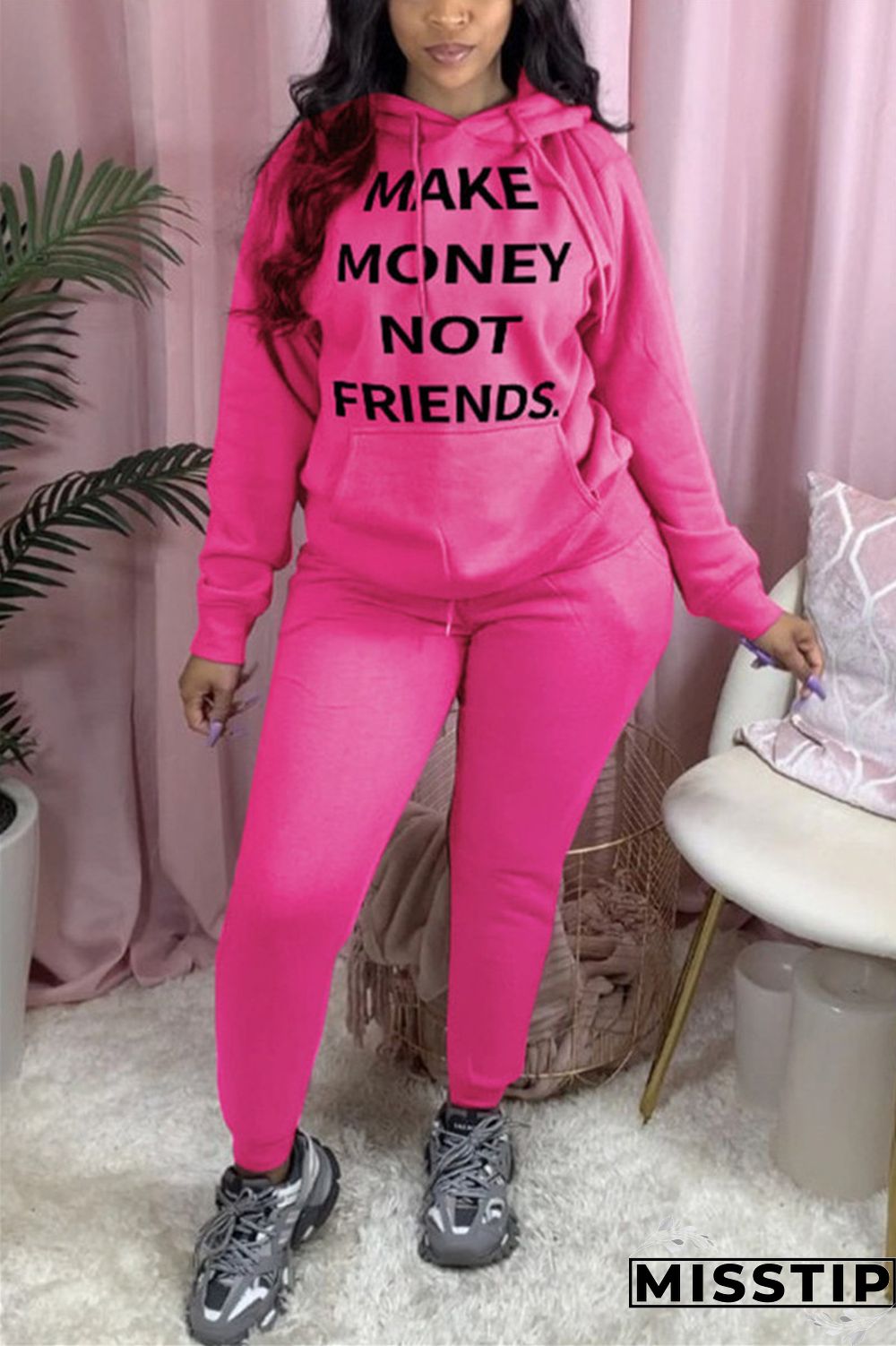 rose red Casual England Letter Print Solid Straight Long Sleeve Two Pieces