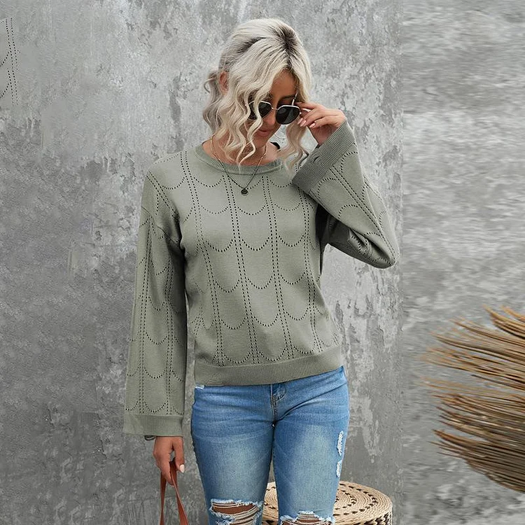 Mayoulove Women's Sweaters Solid Color Loose Pullover Flared Sleeves Knitted Sweater-Mayoulove