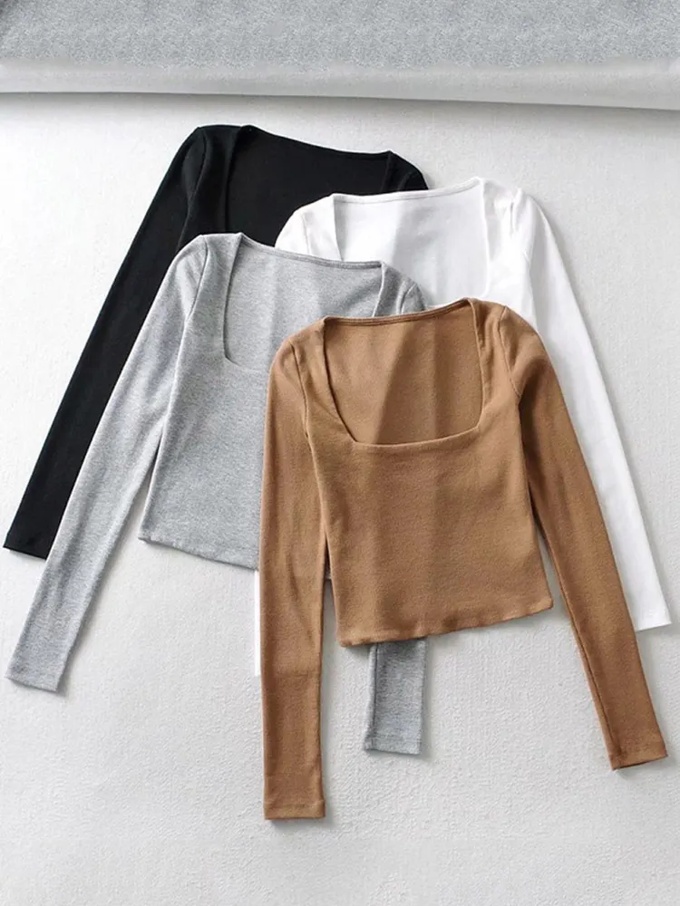 Churchf Churchf New Square Neck Top Vintage Long-Sleeved T-Shirt Women Short High Waist Slim Inside Tight Slim Undershirt