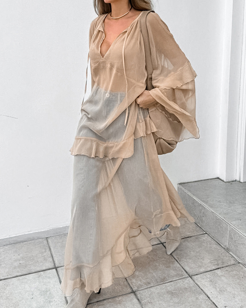 Batwing Sleeve Ruffled V Neck Sheer Maxi Dress