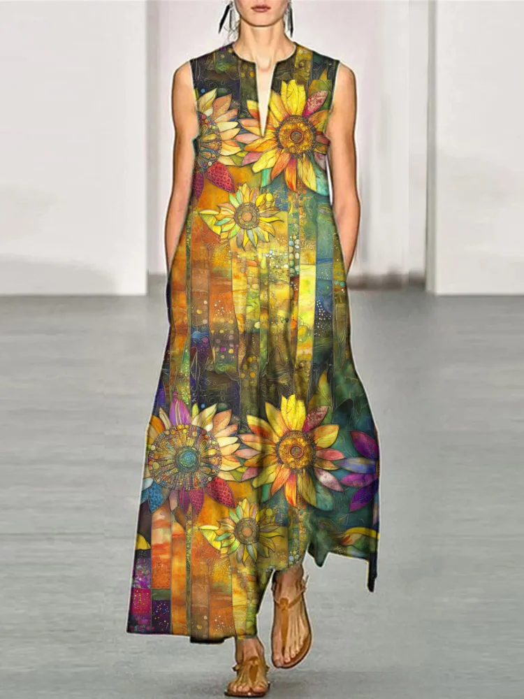 Simpfit Damen Maxikleid mit Sonnenblumen-Kunstdruck