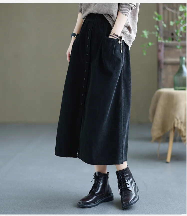 Vintage Corduroy Solid Color A-Line Skirt - yankia