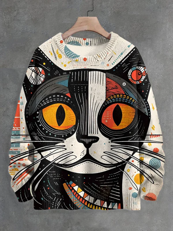 Men's Cat Abstract Art Print Knit Sweatshirt