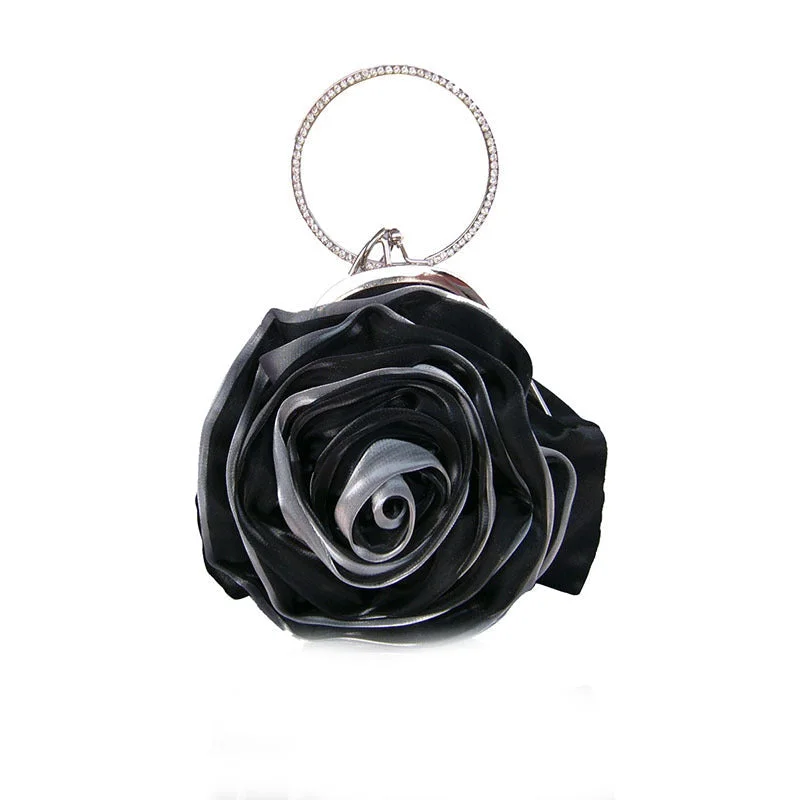 Rose Flower Handbag Sparkling Diamond Round Party Clutch Bag