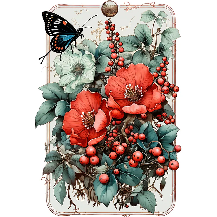 Retro Red Flower Butterfly 30*40CM (Canvas) Full Round Drill Diamond Painting gbfke