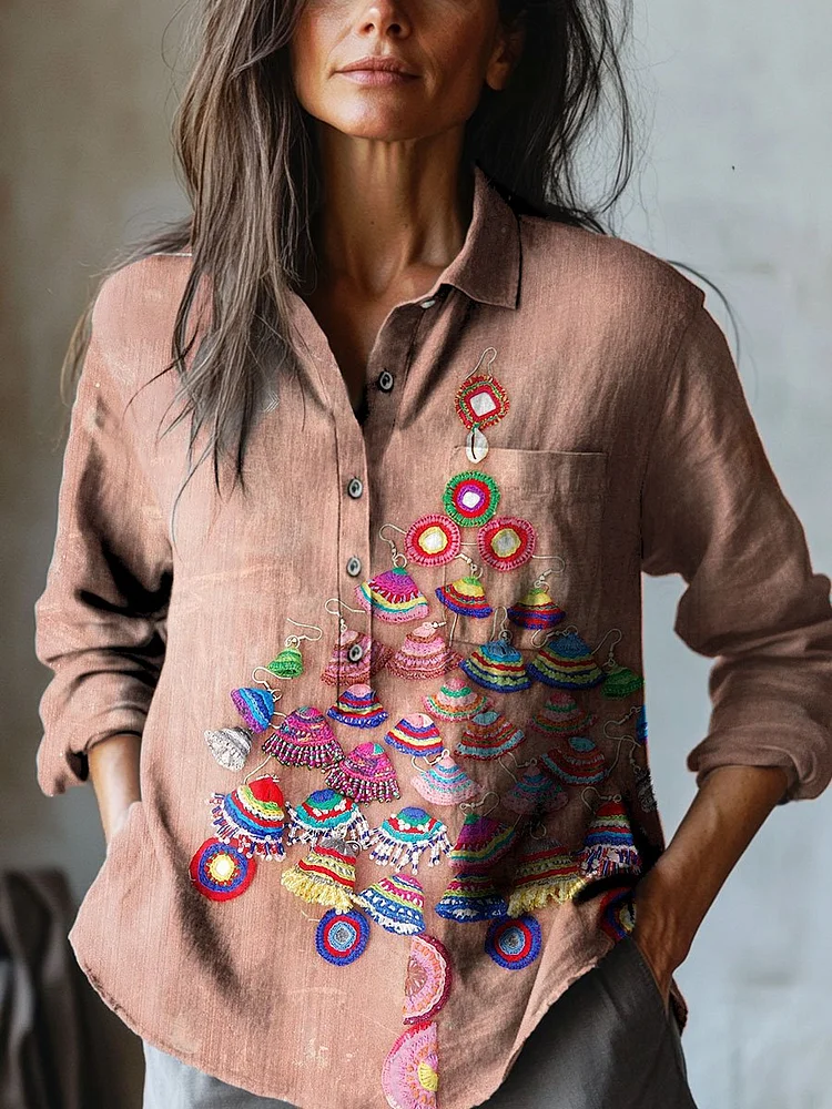 Women's Vintage Funny Christmas Tree Art Print Casual Cotton And Linen Shirt