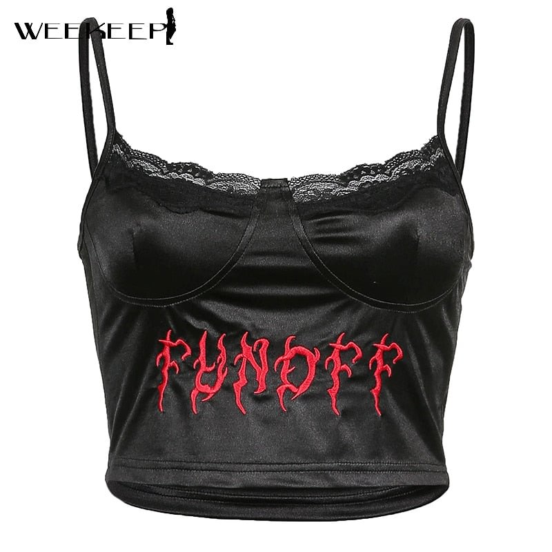 Weekeep Gothic Punk Black Lace Frill Crop Top Summer Backless Spaghetti Strap Camisole Tee Women Embroidery Letter Vest Harajuku