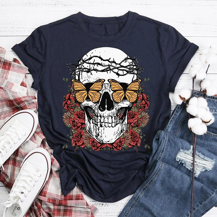 Butterfly-Eyed Skull with Flowers and Barbed Wire  T-Shirt Tee-06086-Annaletters