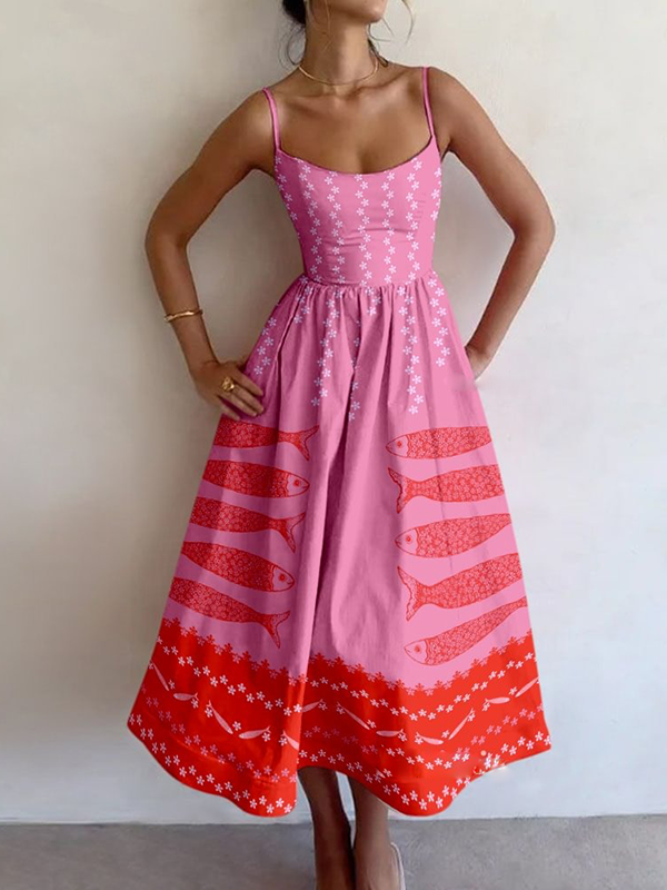 Women's Fish Floral Print Cami Midi Dress