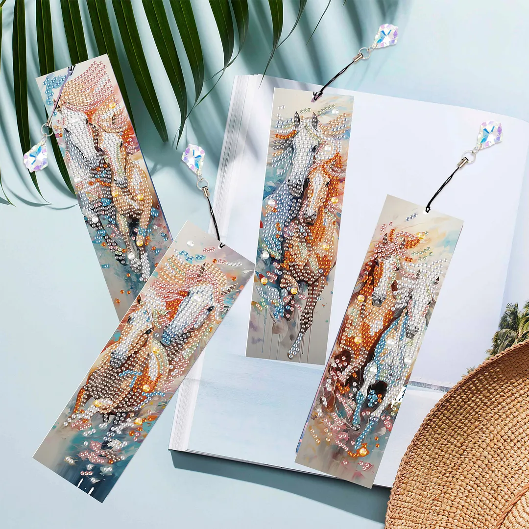 4Pcs Galloping Horse DIY Diamond Bookmark Art Projects Irregular Shaped Diamonds Diamond Painting Art Bookmarks with Crystal Pendants for DIY Making Beginners Adult Art Craft Supplies
