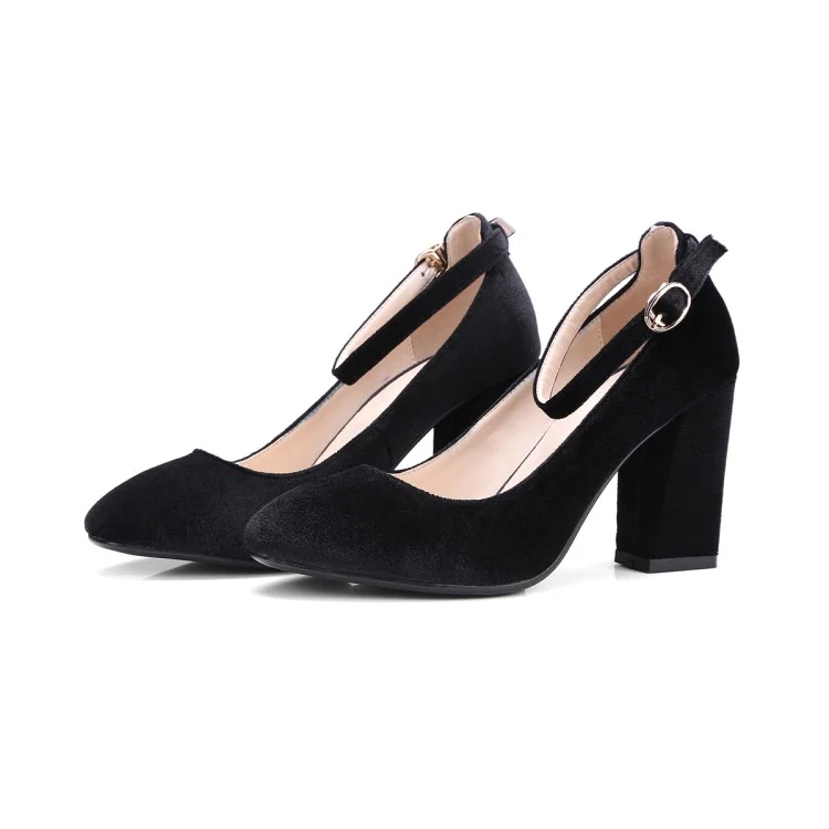 Black Velvet Square Toe Chunky Heel Ankle Strap Vintage Pumps Vdcoo