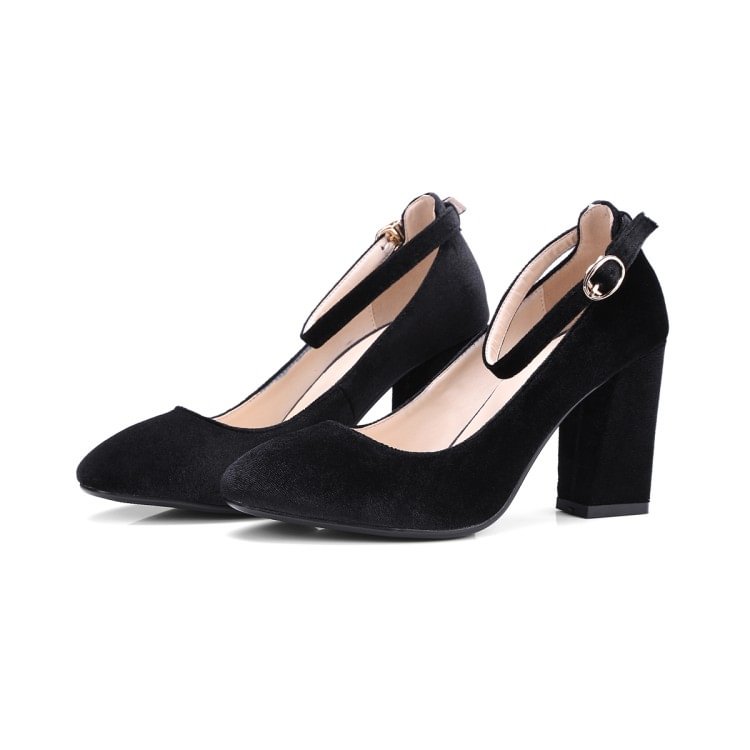 Black Velvet Heels Square Toe Ankle Strap Chunky Heel Vintage Pumps |FSJ Shoes