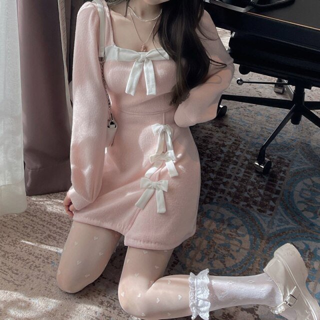 Korean Style Kawaii Bow High Waist Sweet Pink Furry Warm Fairy Dress SP17233