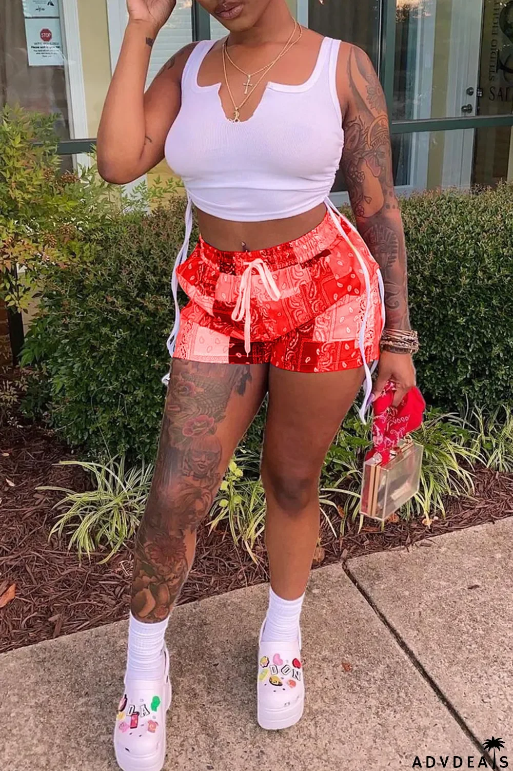 Grey Sexy Print Ripped Contrast Spaghetti Strap Sleeveless Two Pieces