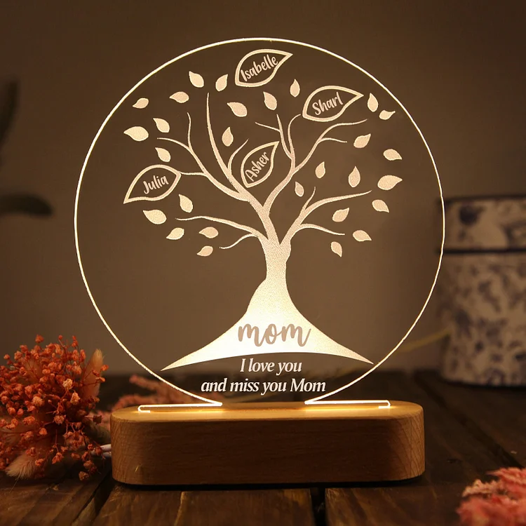 Personalized Family Tree Night Light Engraved 4 Names Wooden LED Lamp