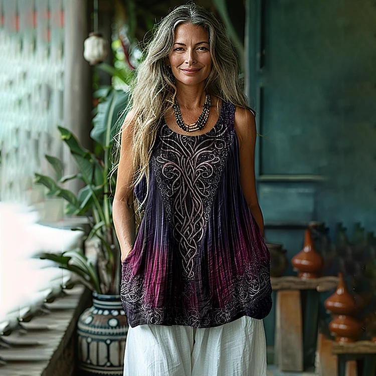 Women's Vintage Tree Of Life Tie-dye Cotton And Linen Vest