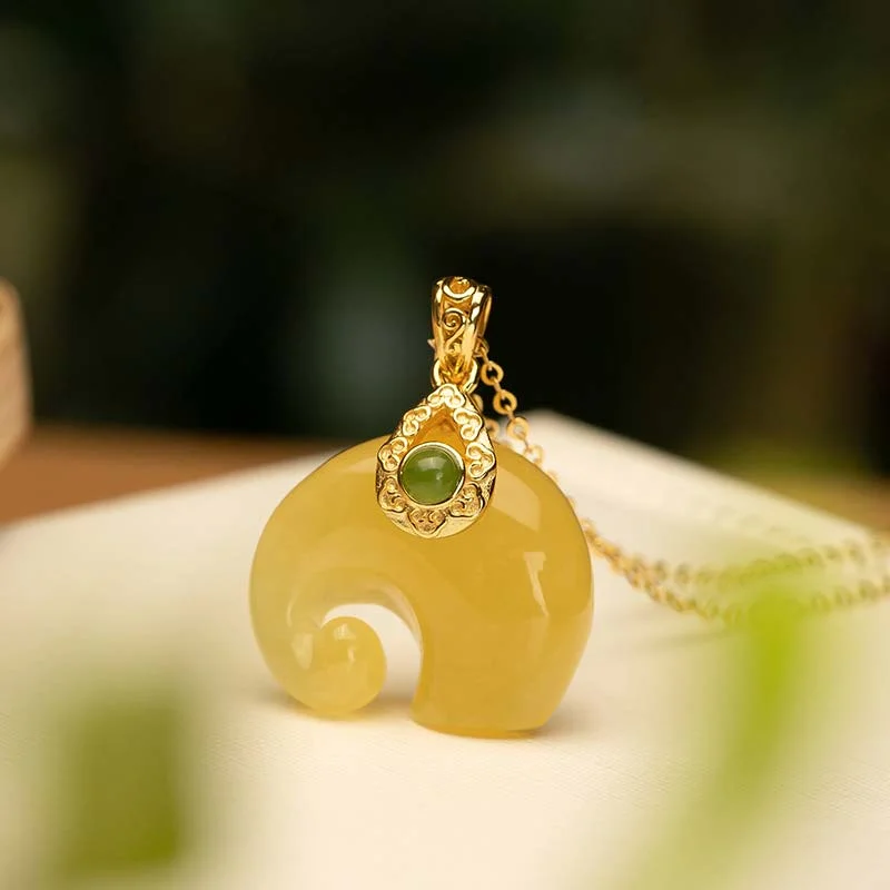 925 Sterling Silver Natural Amber Jade Elephant Blessing Necklace